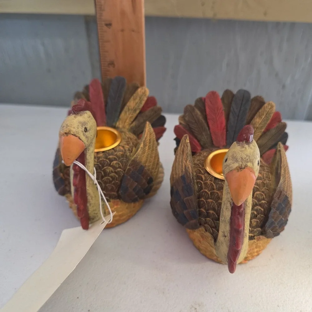 Set of 2 Debbie Mumm Turkey Candle Stick Holders Thanksgiving Fall Autumn Decor